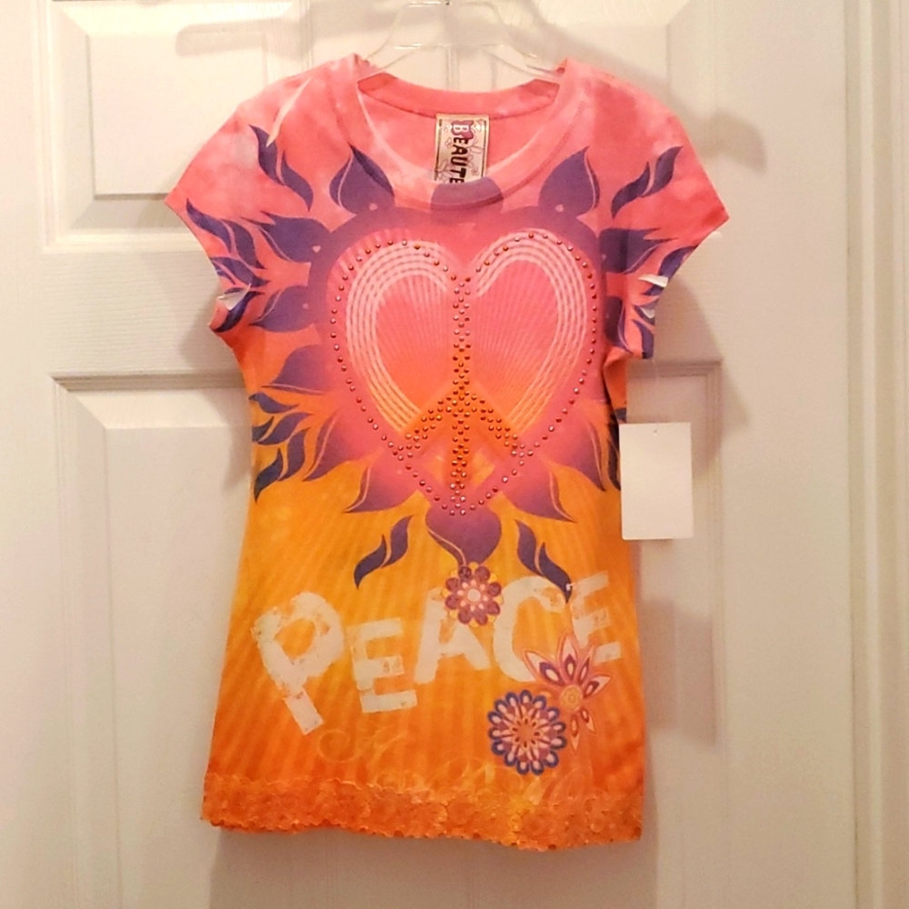 Beautees Super Cute Girl's Small Peace Heart Shirt with Lace Rhinestones